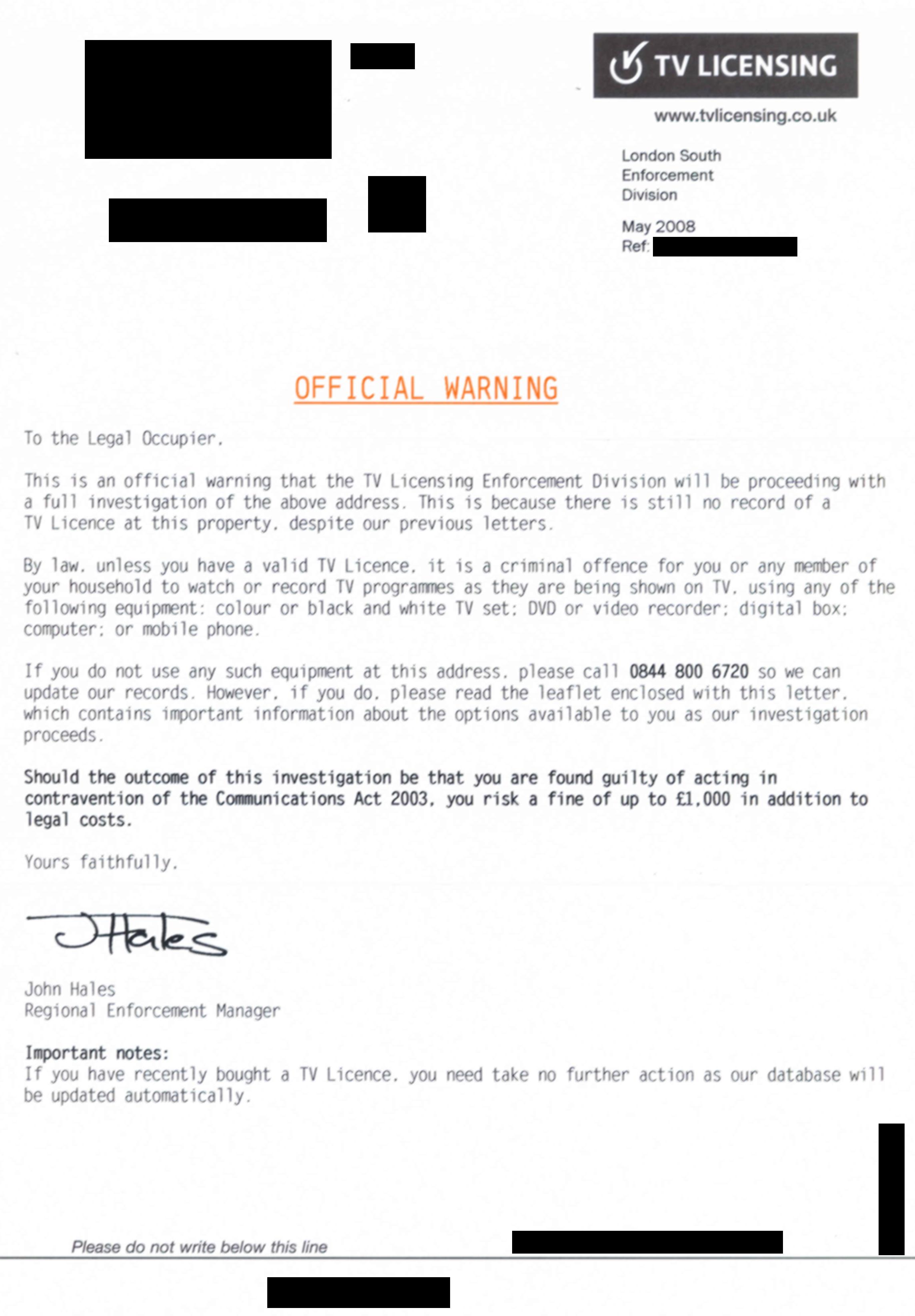 Letters from BBC Television Licensing/2008